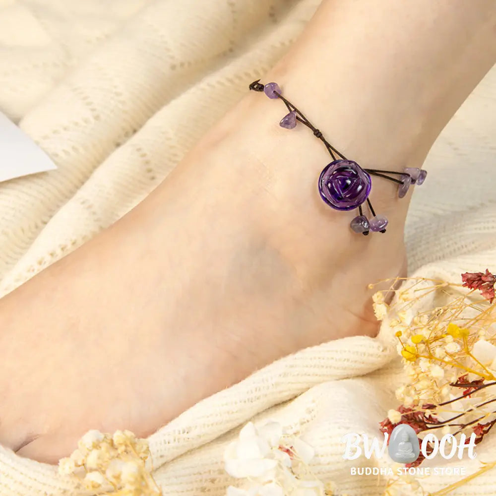 Buddha Stones Amethyst Pink Crystal Green Aventurine Rose Inner Peace Healing Anklet - Anklet