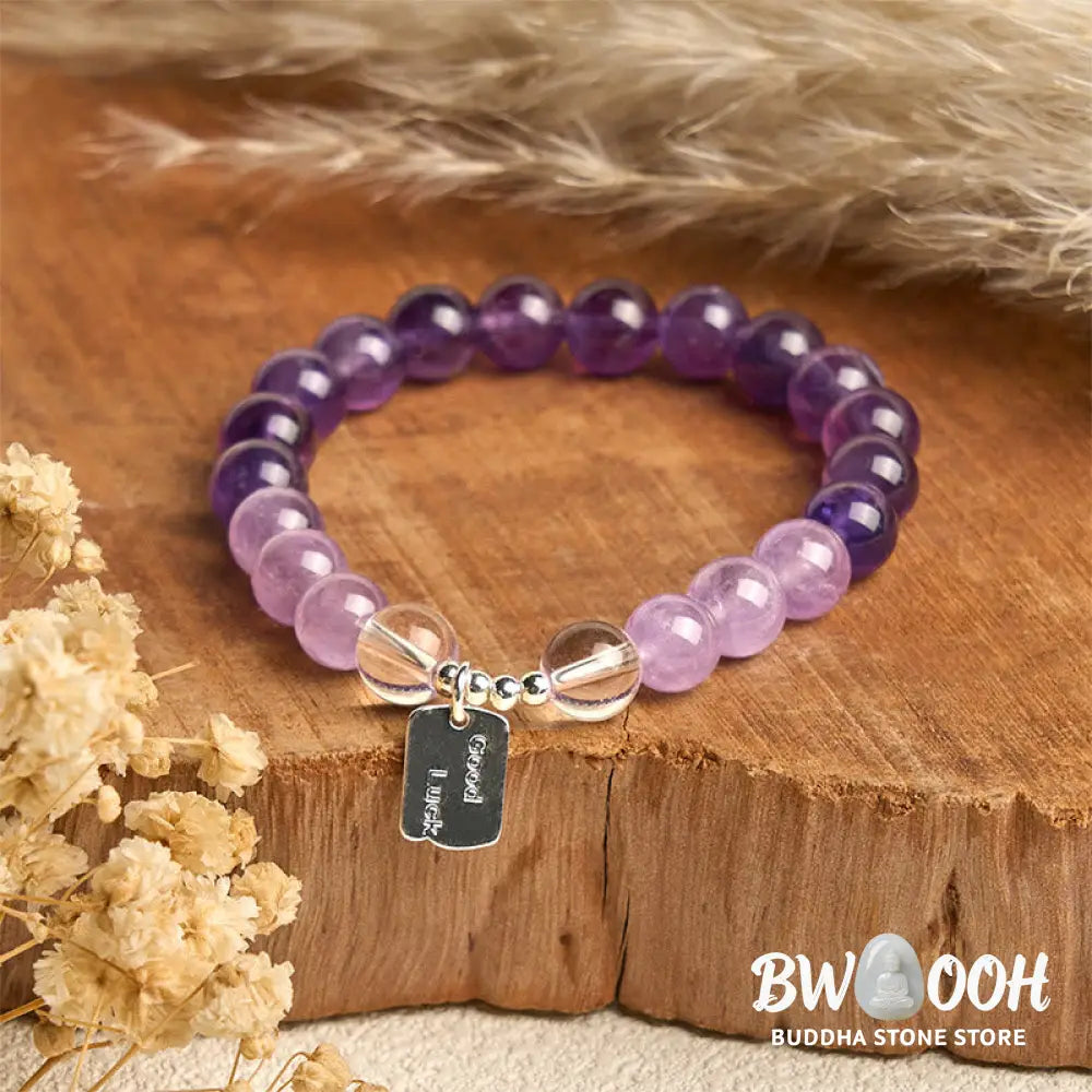 Buddha Stones Amethyst Rose Quartz Strawberry Quartz Good Luck Charm Bracelet - Bracelet