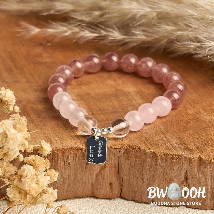 Buddha Stones Amethyst Rose Quartz Strawberry Quartz Good Luck Charm Bracelet - Bracelet