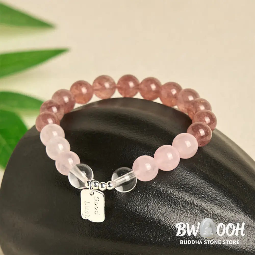 Buddha Stones Amethyst Rose Quartz Strawberry Quartz Good Luck Charm Bracelet - Bracelet