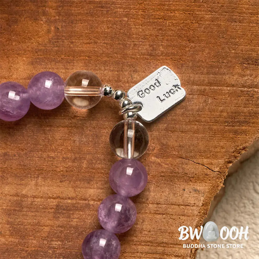 Buddha Stones Amethyst Rose Quartz Strawberry Quartz Good Luck Charm Bracelet - Bracelet