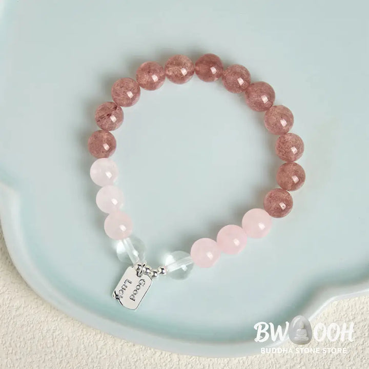 Buddha Stones Amethyst Rose Quartz Strawberry Quartz Good Luck Charm Bracelet - Bracelet