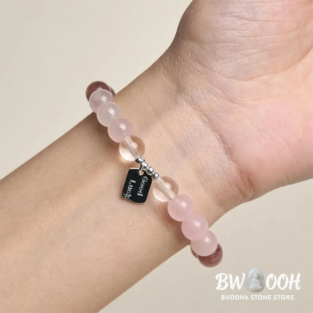 Buddha Stones Amethyst Rose Quartz Strawberry Quartz Good Luck Charm Bracelet - Bracelet