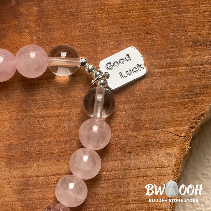 Buddha Stones Amethyst Rose Quartz Strawberry Quartz Good Luck Charm Bracelet - Bracelet