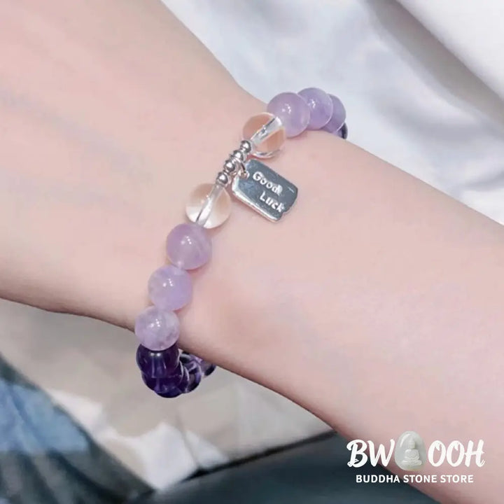 Buddha Stones Amethyst Rose Quartz Strawberry Quartz Good Luck Charm Bracelet - Bracelet