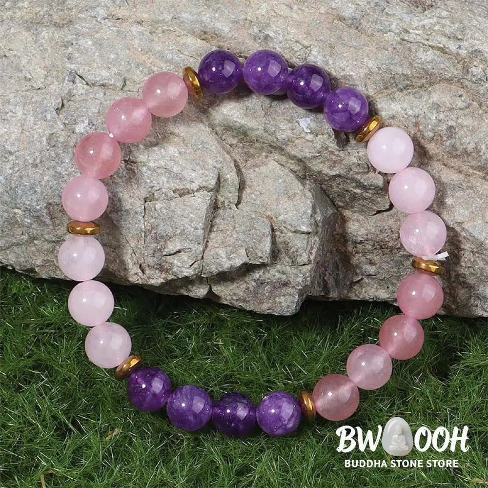 Buddha Stones Amethyst Strawberry Quartz Pink Crystal Beads Love Peace Bracelet - Amethyst & Strawberry Quartz & Pink