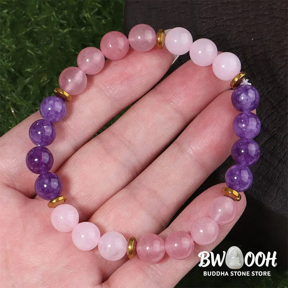 Buddha Stones Amethyst Strawberry Quartz Pink Crystal Beads Love Peace Bracelet - Amethyst &amp; Strawberry Quartz &amp; Pink