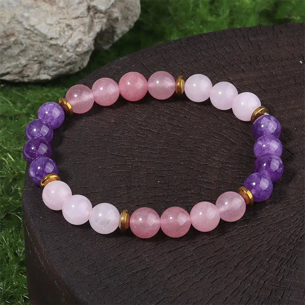 Buddha Stones Amethyst Strawberry Quartz Pink Crystal Beads Love Peace Bracelet - Amethyst & Strawberry Quartz & Pink