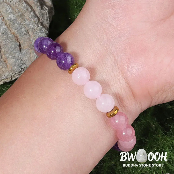 Buddha Stones Amethyst Strawberry Quartz Pink Crystal Beads Love Peace Bracelet - Amethyst &amp; Strawberry Quartz &amp; Pink