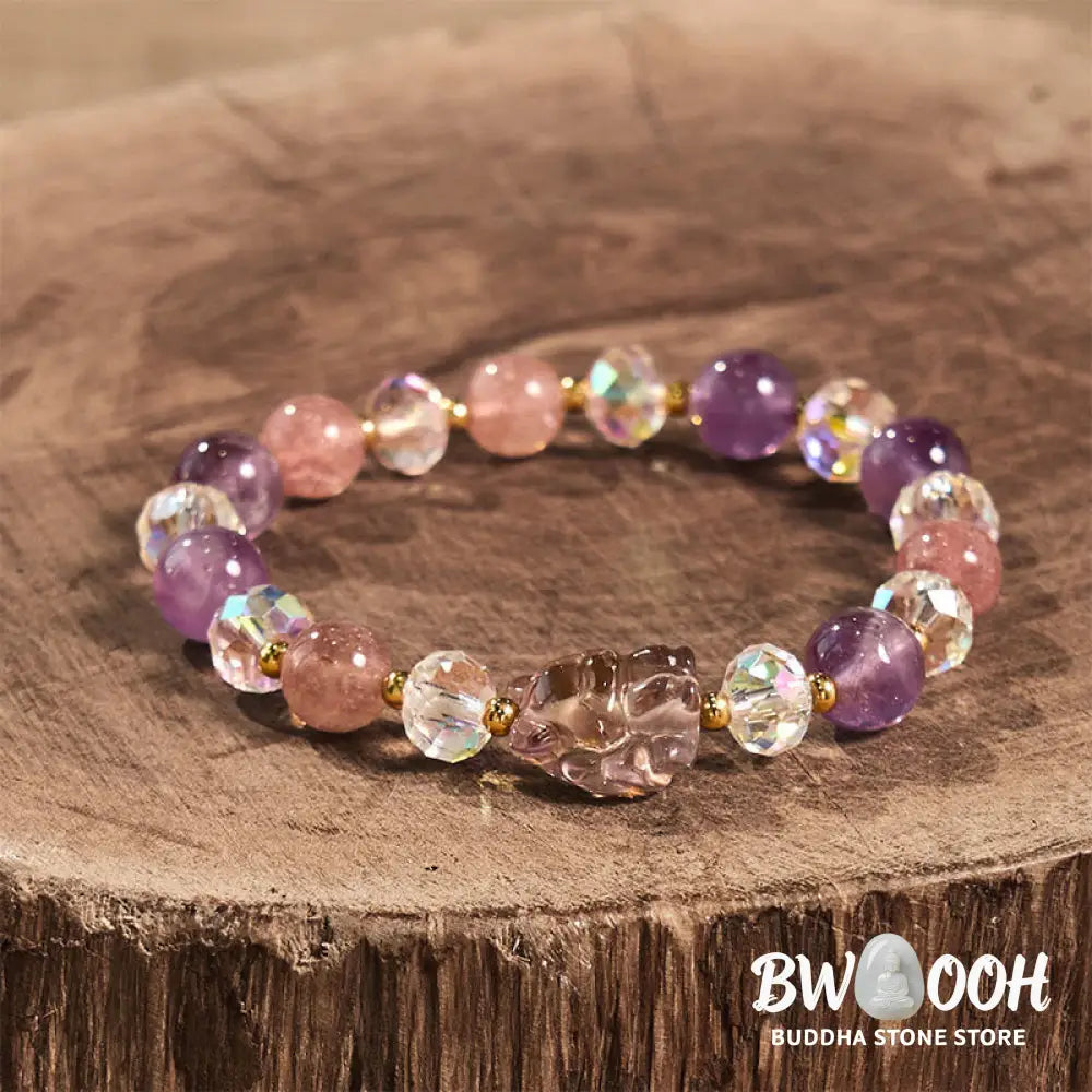 Buddha Stones Amethyst Strawberry Quartz White Crystal Nine Tailed Fox Meditation Bracelet - BWOOOH - Amethyst