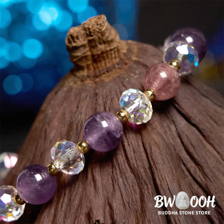 Buddha Stones Amethyst Strawberry Quartz White Crystal Nine Tailed Fox Meditation Bracelet - BWOOOH - Amethyst