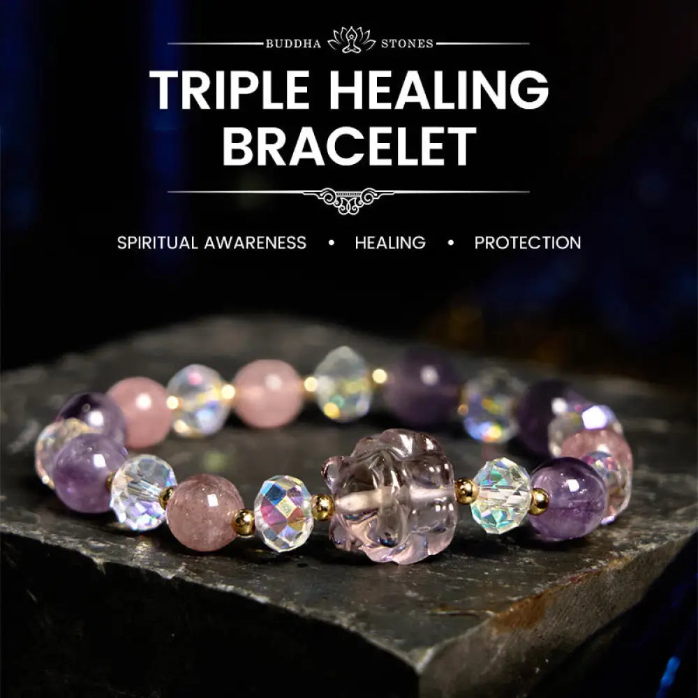 BWOOOH Amethyst Strawberry Quartz White Crystal Nine Tailed Fox Meditation Bracelet - BWOOOH - Amethyst
