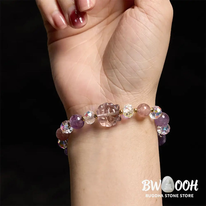 Buddha Stones Amethyst Strawberry Quartz White Crystal Nine Tailed Fox Meditation Bracelet - BWOOOH - Amethyst