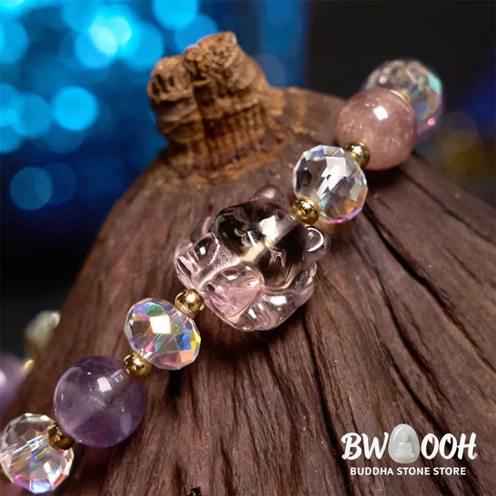 Buddha Stones Amethyst Strawberry Quartz White Crystal Nine Tailed Fox Meditation Bracelet - BWOOOH - Amethyst