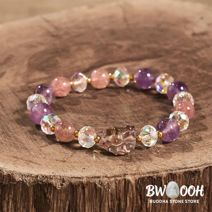 Buddha Stones Amethyst Strawberry Quartz White Crystal Nine Tailed Fox Meditation Bracelet - BWOOOH - Amethyst