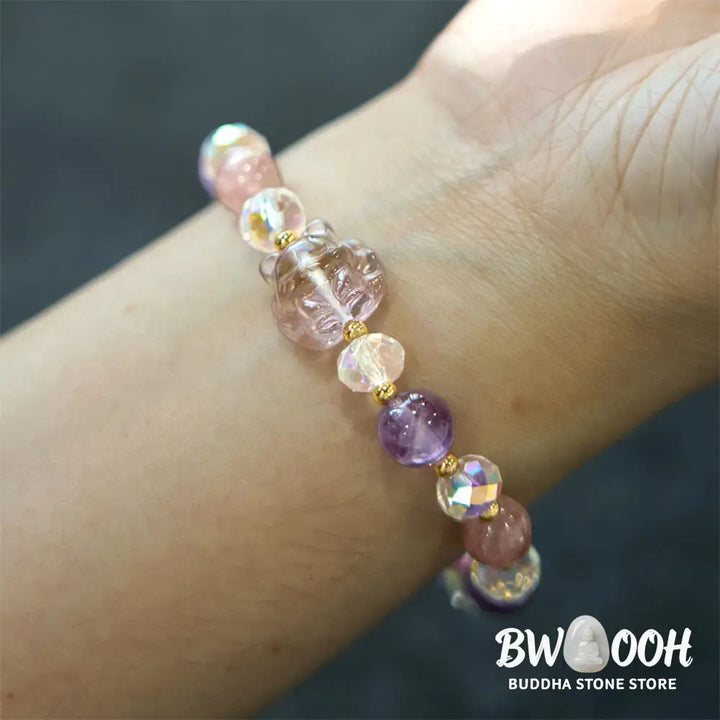 Buddha Stones Amethyst Strawberry Quartz White Crystal Nine Tailed Fox Meditation Bracelet - BWOOOH - Amethyst