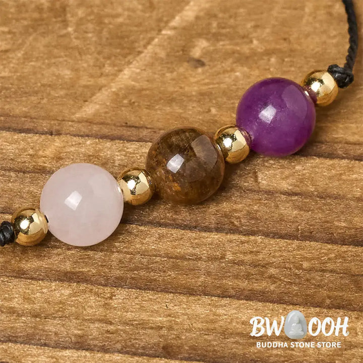 Buddha Stones Amethyst Tiger Eye Rose Quartz Protection Anti-Anxiety Card Rope Bracelet - Bracelet