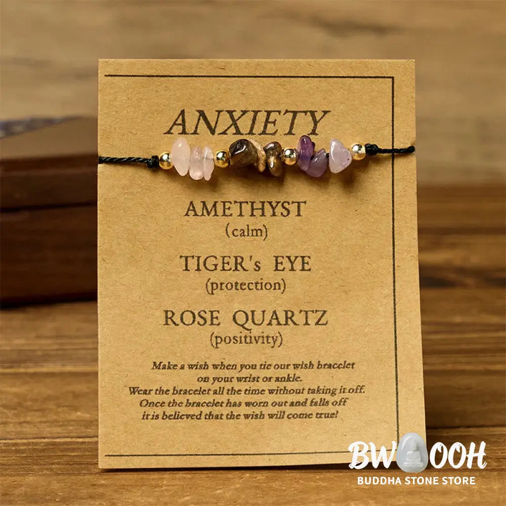 Buddha Stones Amethyst Tiger Eye Rose Quartz Protection Anti-Anxiety Card Rope Bracelet - Bracelet