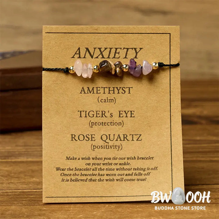 Buddha Stones Amethyst Tiger Eye Rose Quartz Protection Anti-Anxiety Card Rope Bracelet - Bracelet