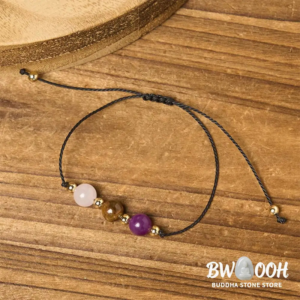Buddha Stones Amethyst Tiger Eye Rose Quartz Protection Anti-Anxiety Card Rope Bracelet - Bracelet