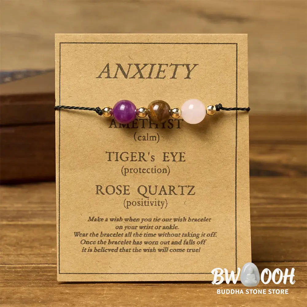 Buddha Stones Amethyst Tiger Eye Rose Quartz Protection Anti-Anxiety Card Rope Bracelet - Bracelet