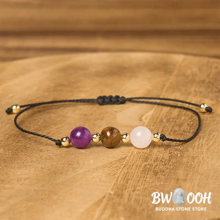 Buddha Stones Amethyst Tiger Eye Rose Quartz Protection Anti-Anxiety Card Rope Bracelet - Bracelet