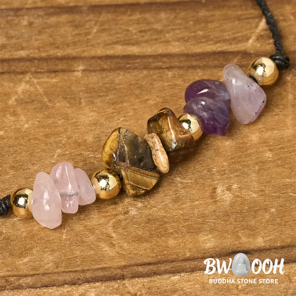 Buddha Stones Amethyst Tiger Eye Rose Quartz Protection Anti-Anxiety Card Rope Bracelet - Bracelet