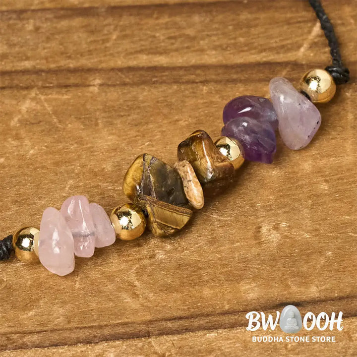 Buddha Stones Amethyst Tiger Eye Rose Quartz Protection Anti-Anxiety Card Rope Bracelet - Bracelet