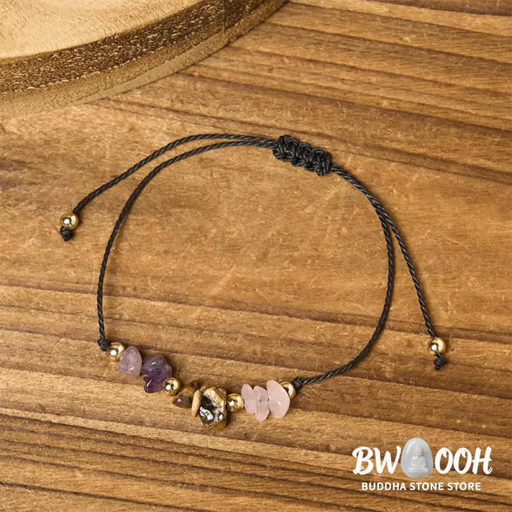 Buddha Stones Amethyst Tiger Eye Rose Quartz Protection Anti-Anxiety Card Rope Bracelet - Bracelet