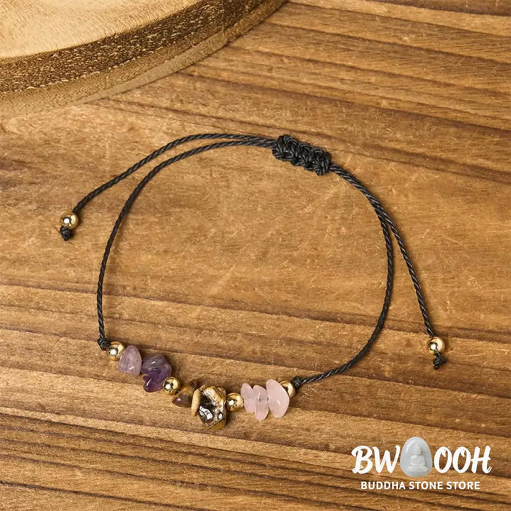 Buddha Stones Amethyst Tiger Eye Rose Quartz Protection Anti-Anxiety Card Rope Bracelet - Bracelet