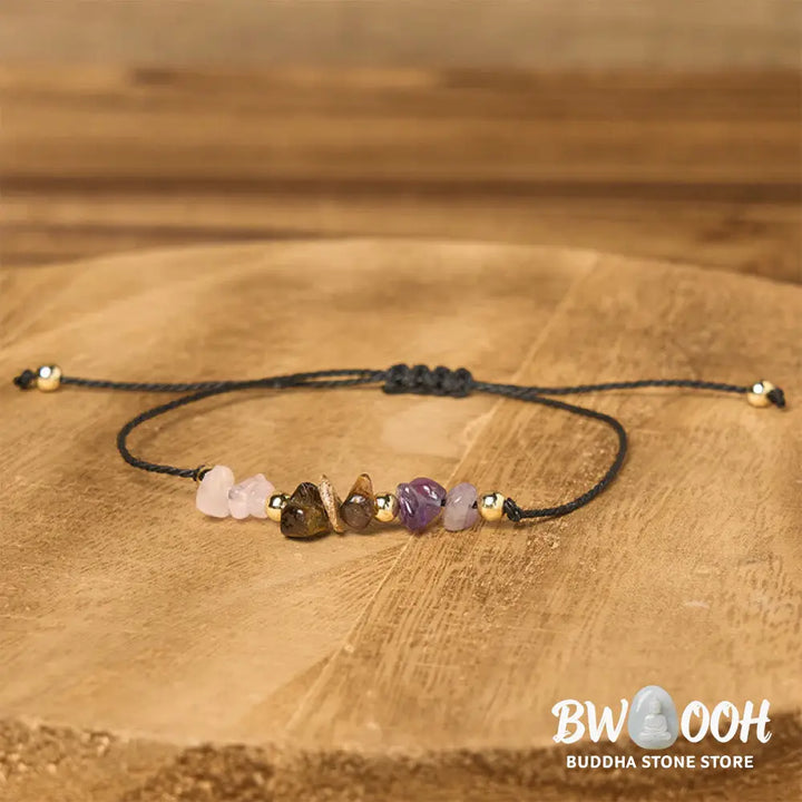Buddha Stones Amethyst Tiger Eye Rose Quartz Protection Anti-Anxiety Card Rope Bracelet - Bracelet