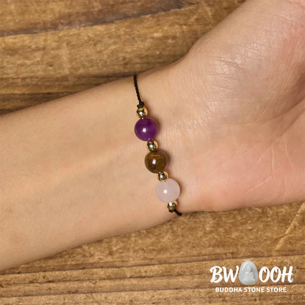 Buddha Stones Amethyst Tiger Eye Rose Quartz Protection Anti-Anxiety Card Rope Bracelet - Bracelet