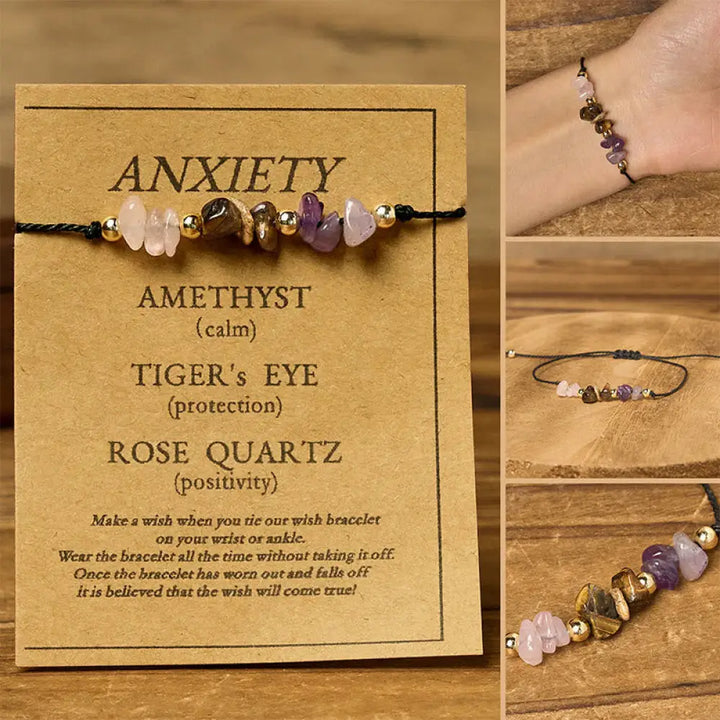Buddha Stones Amethyst Tiger Eye Rose Quartz Protection Anti-Anxiety Card Rope Bracelet - Irregular Beads (Wrist