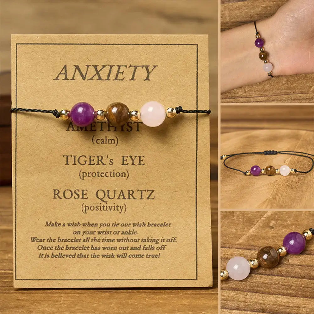 Buddha Stones Amethyst Tiger Eye Rose Quartz Protection Anti-Anxiety Card Rope Bracelet - Round Beads(Wrist
