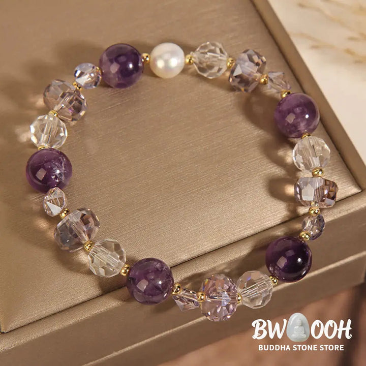 Buddha Stones Amethyst White Crystal Pearl Communication Bracelet - BWOOOH - Amethyst(Wrist Circumference: 14-16cm)