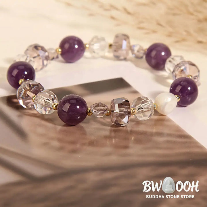 Buddha Stones Amethyst White Crystal Pearl Communication Bracelet - BWOOOH - Amethyst(Wrist Circumference: 14-16cm)