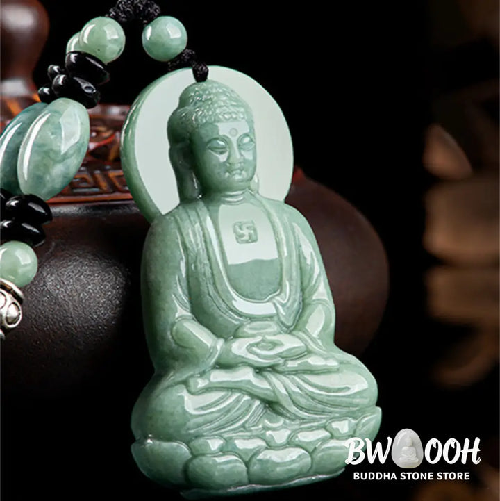 Buddha Stones Amitabha Buddha Jade Amulet Compassion String Necklace - BWOOOH - Necklaces &amp; Pendants