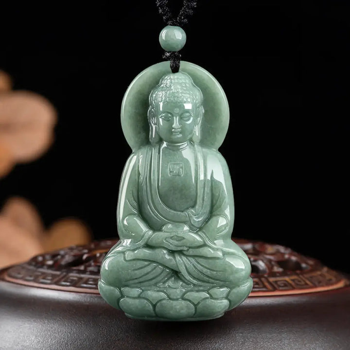 BWOOOH Amitabha Buddha Jade Amulet Compassion String Necklace — hand-carved natural jade Buddha pendant for prosperity, luck and serenity