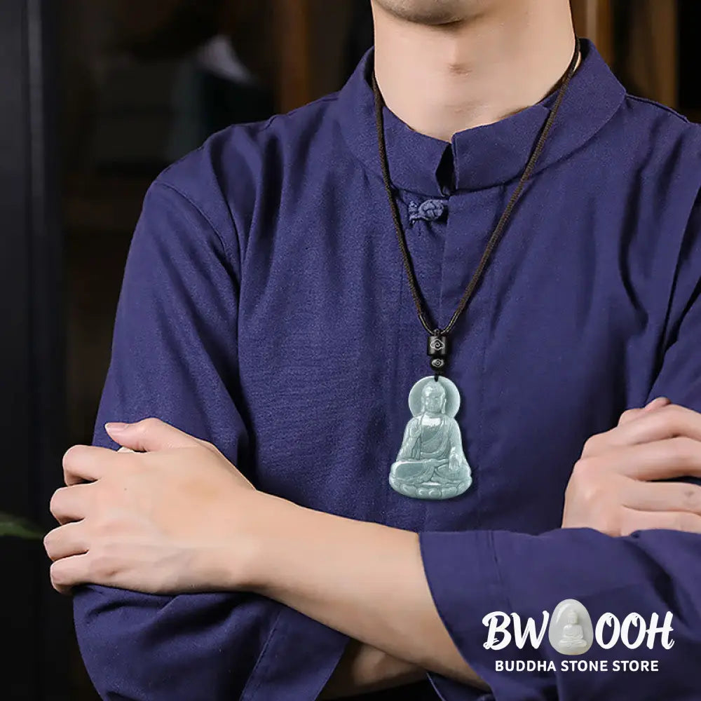 Buddha Stones Amitabha Buddha Natural Jade Lotus Amulet Compassion String Necklace Pendant - BWOOOH - Buddha
