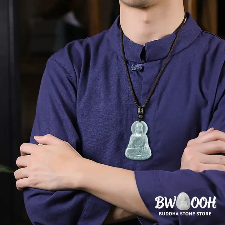 Buddha Stones Amitabha Buddha Natural Jade Lotus Amulet Compassion String Necklace Pendant - BWOOOH - Buddha