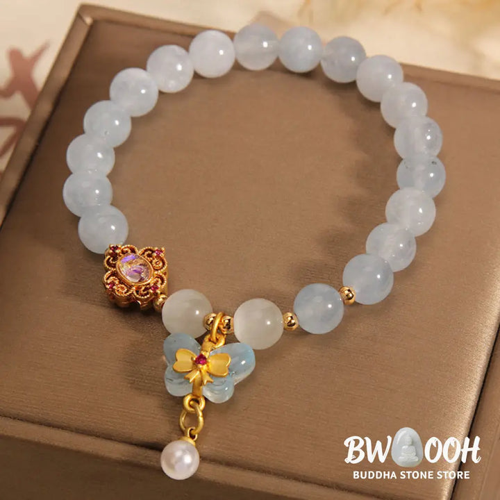 Buddha Stones Aquamarine Cat’s Eye Healing Butterfly Pearl Charm Bracelet - BWOOOH - Aquamarine(Wrist Circumference