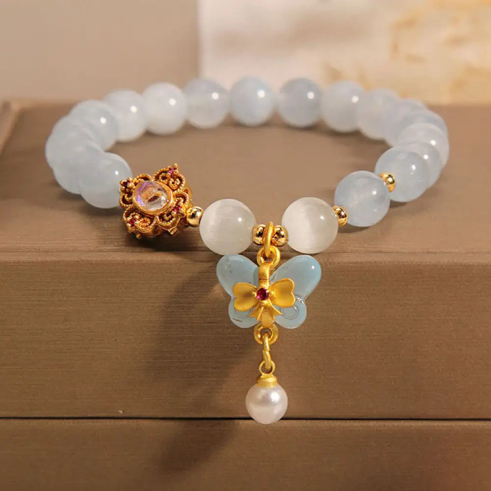 BWOOOH Aquamarine Cat’s Eye Healing Butterfly Pearl Charm Bracelet - BWOOOH - Aquamarine(Wrist Circumference