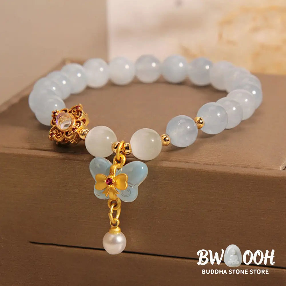 Buddha Stones Aquamarine Cat’s Eye Healing Butterfly Pearl Charm Bracelet - BWOOOH - Aquamarine(Wrist Circumference
