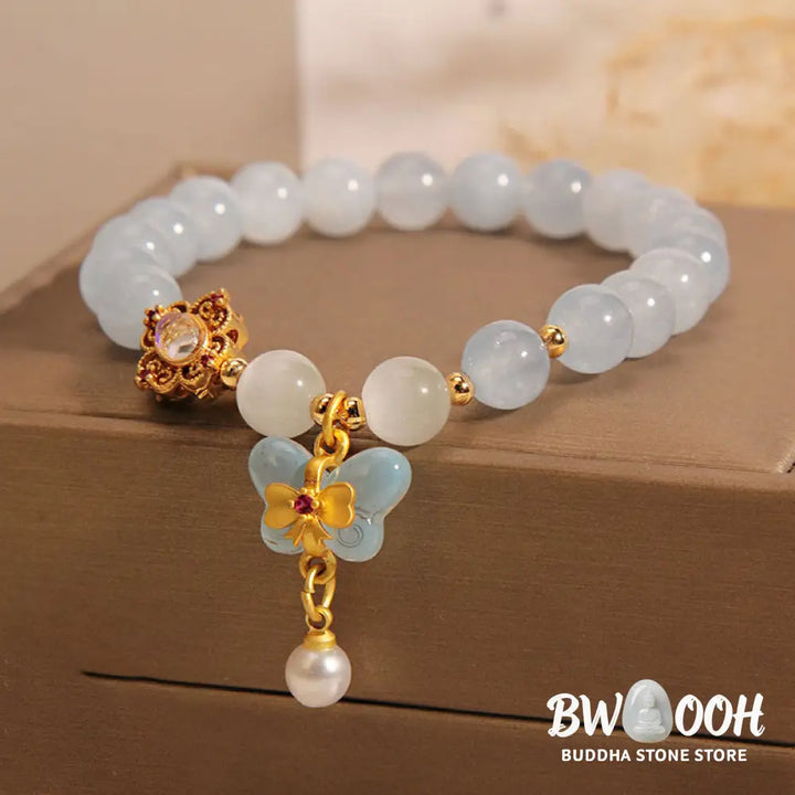 Buddha Stones Aquamarine Cat’s Eye Healing Butterfly Pearl Charm Bracelet - BWOOOH - Aquamarine(Wrist Circumference
