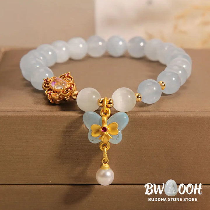 Buddha Stones Aquamarine Cat’s Eye Healing Butterfly Pearl Charm Bracelet - BWOOOH - Aquamarine(Wrist Circumference