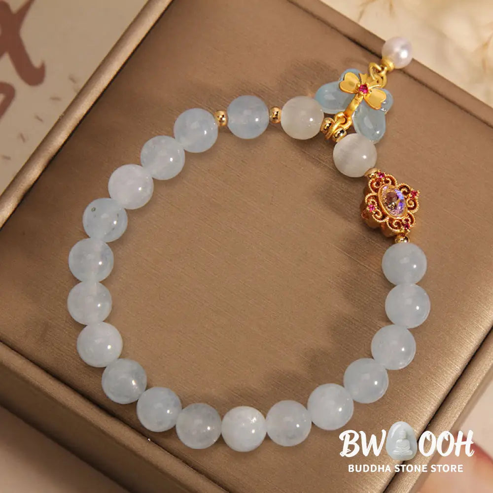 Buddha Stones Aquamarine Cat’s Eye Healing Butterfly Pearl Charm Bracelet - BWOOOH - Aquamarine(Wrist Circumference