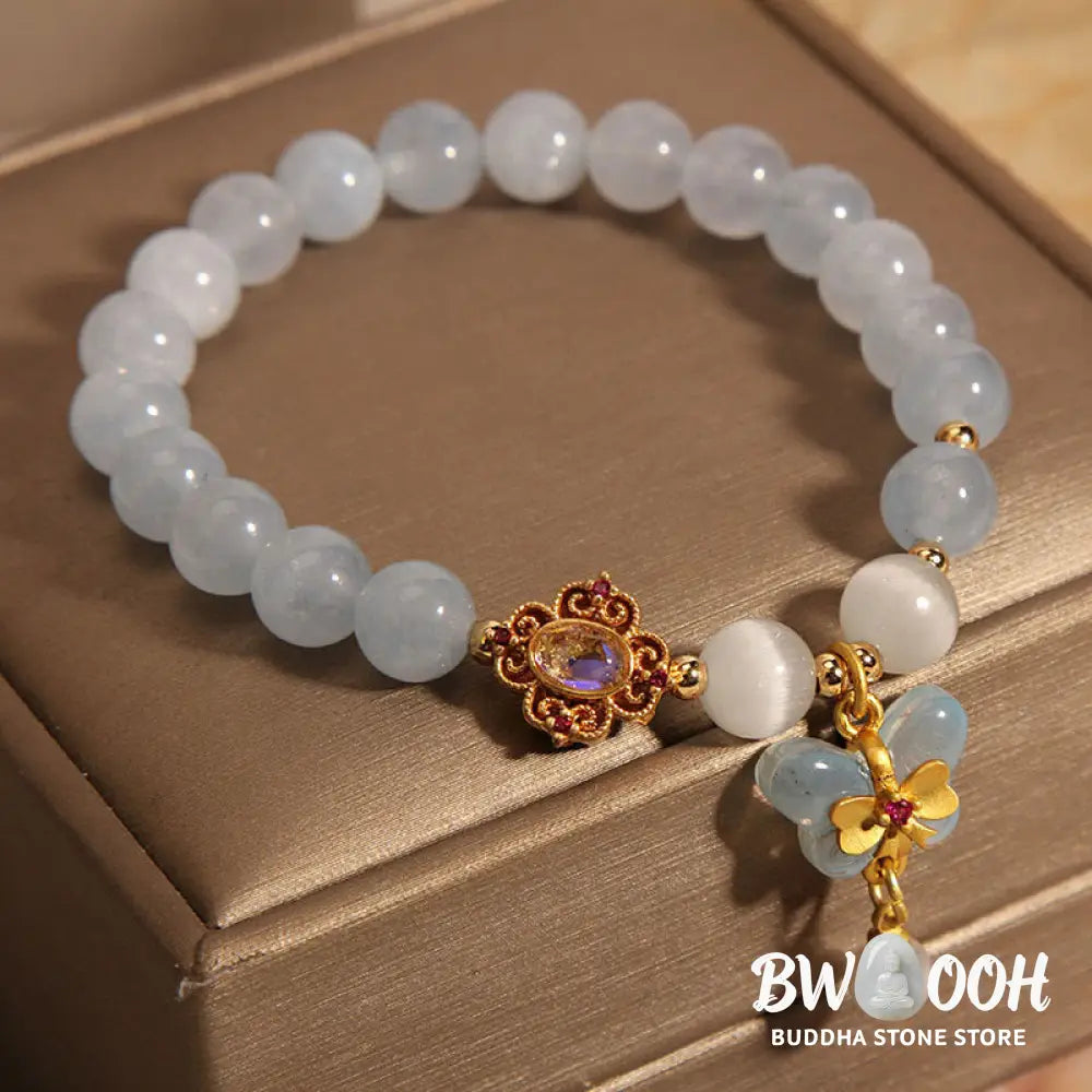 Buddha Stones Aquamarine Cat’s Eye Healing Butterfly Pearl Charm Bracelet - BWOOOH - Aquamarine(Wrist Circumference