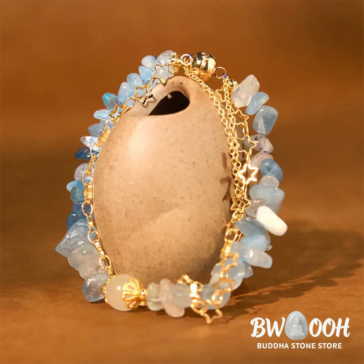 Buddha Stones Aquamarine Gravel Design Star Healing Magnetic Buckle Bracelet - BWOOOH - Aquamarine(Wrist Circumference: