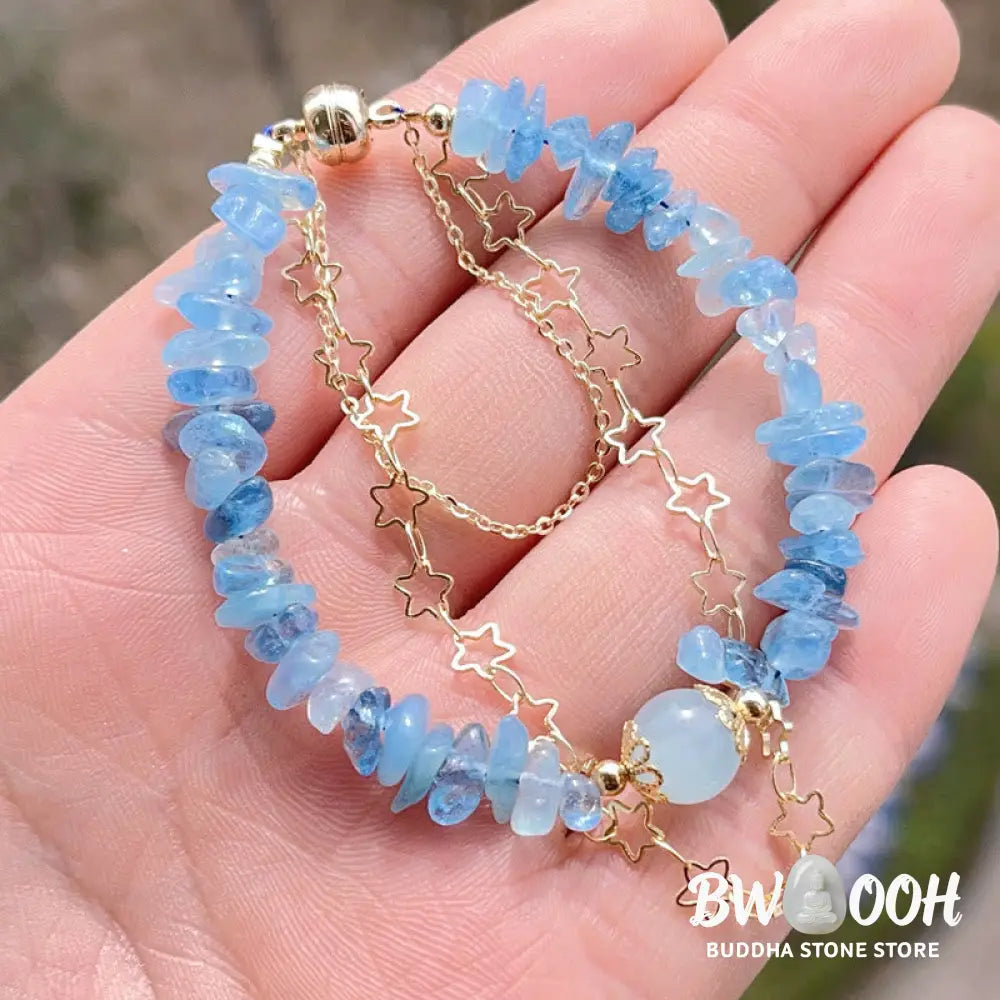 Buddha Stones Aquamarine Gravel Design Star Healing Magnetic Buckle Bracelet - BWOOOH - Aquamarine(Wrist Circumference: