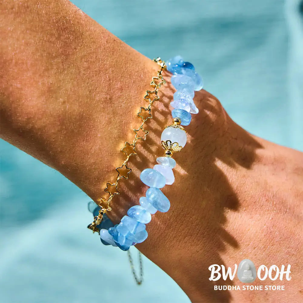 Buddha Stones Aquamarine Gravel Design Star Healing Magnetic Buckle Bracelet - BWOOOH - Aquamarine(Wrist Circumference: